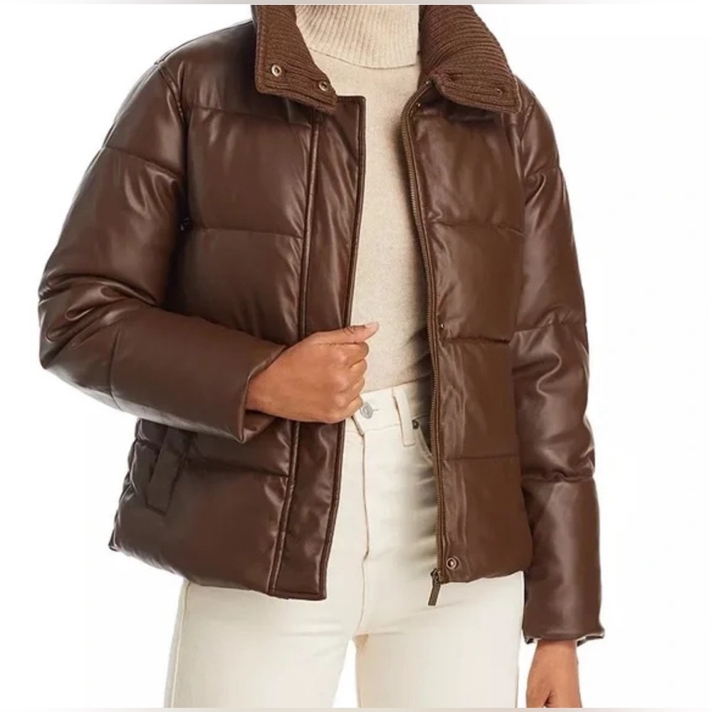 FRENCH CONNECTION Faux Leather Brown Puffer Jacket NWT Side Pockets Size XS - Picture 1 of 8
